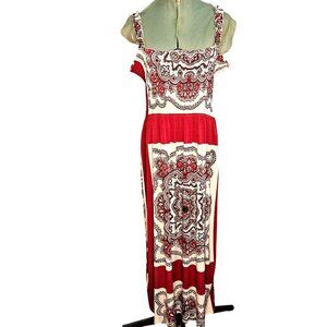 Womans' Karin Stevens red and cream boho mandala print smocked waist maxi dress